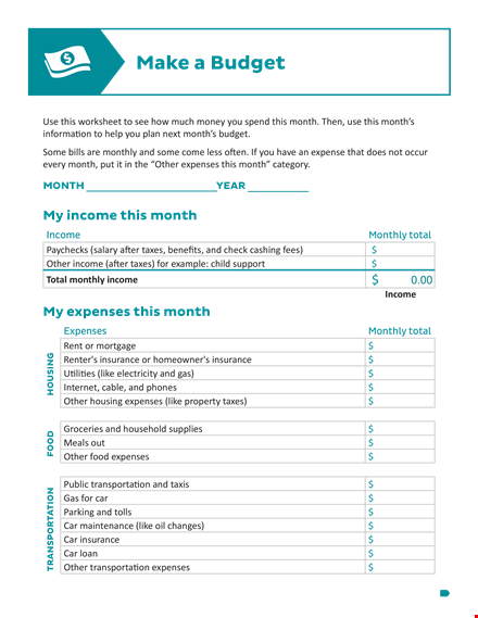 monthly printable budget worksheets for tracking income, expenses, and other monthly costs template