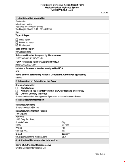 smiths field version corrective action report - medical number template