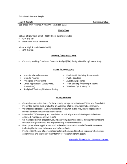 entry level resume sample template