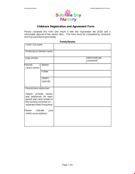 Childcare Registration Agreement Form