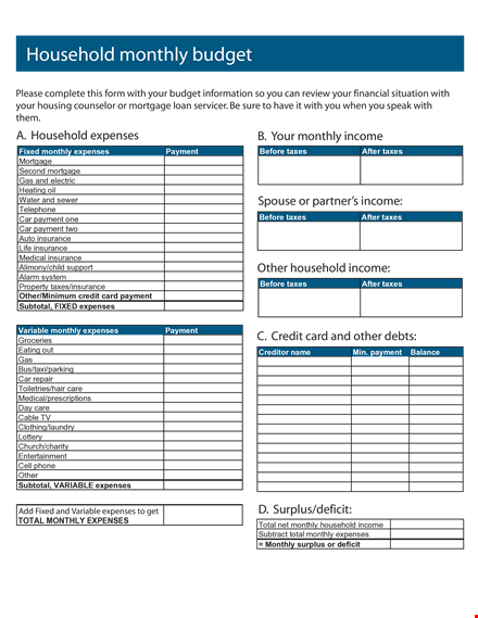 monthly home expenses: track payments, taxes, and household costs template