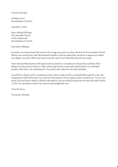 church volunteer resignation letter template