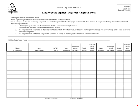 employee equipment sign in sheet template template