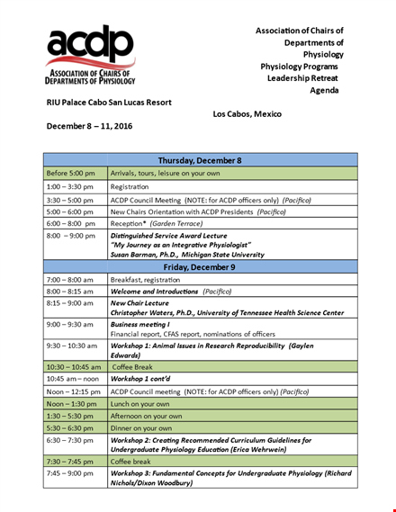 leadership retreat workshop: optimizing physiology with a comprehensive agenda template