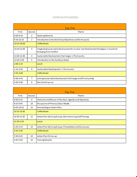 sample workshop agenda: development, coffee breaks & sustainable approach template