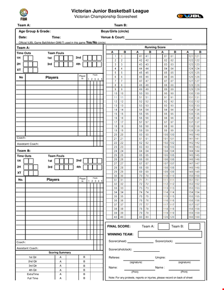 basketball score sheet template for junior games - track fouls effortlessly template