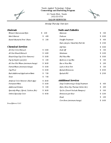 salon price list template