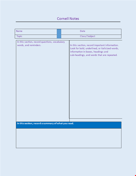 record information effectively with cornell notes template - headings, sections and words template