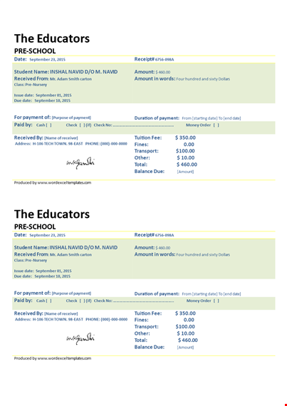 school fee receipt template