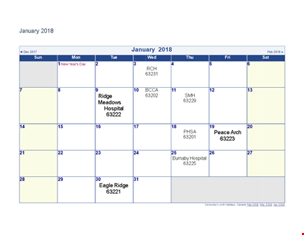 january monthly calendar template