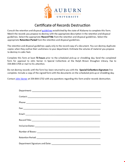 certificate of records destruction template