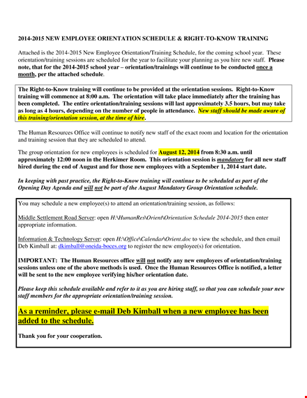 employee orientation training schedule template template