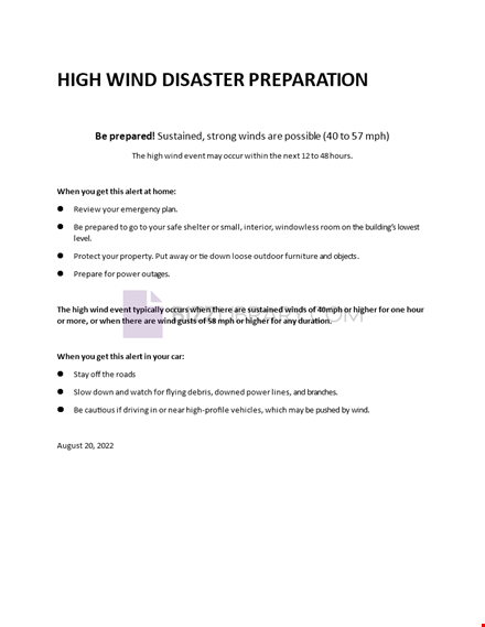 high wind disaster preparation sheet  template