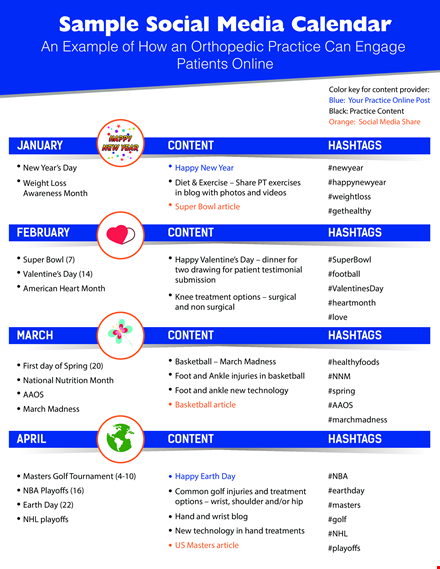 example social media planning calendar - create engaging content with relevant hashtags template