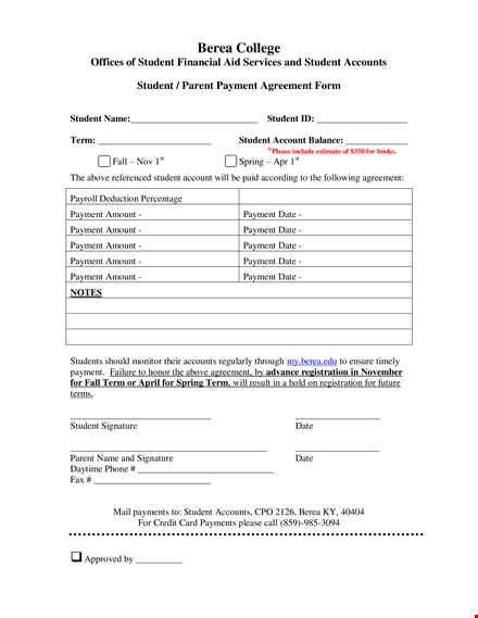 payment agreement template for students - manage payment amount in berea template