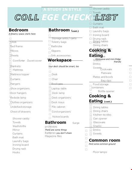 dorm room checklist for college template