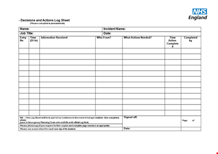 log sheet - track incidents and ensure completion template