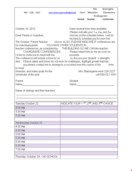 parent teacher conference letter template template