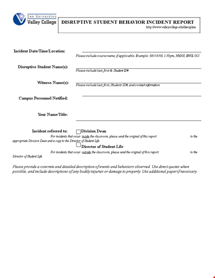 disruptive student behavior incident report template - submit incident to the director template