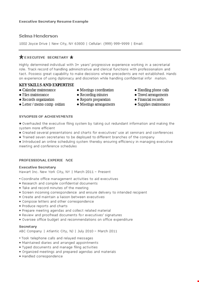 professional executive secretary resume template