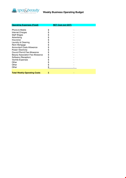 weekly operating budget template template