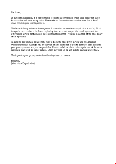 tenant noise complaint letter template