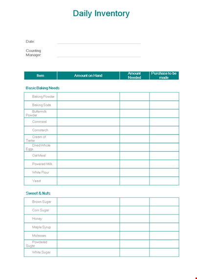 daily inventory template - track amounts of sugar, white baking powder template