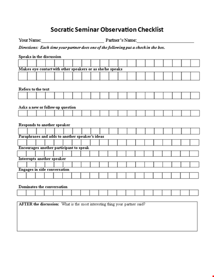 socratic seminar observation checklist template