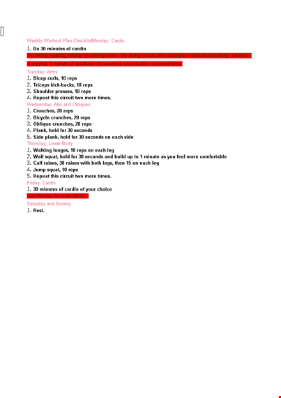 weekly workout checklist template template
