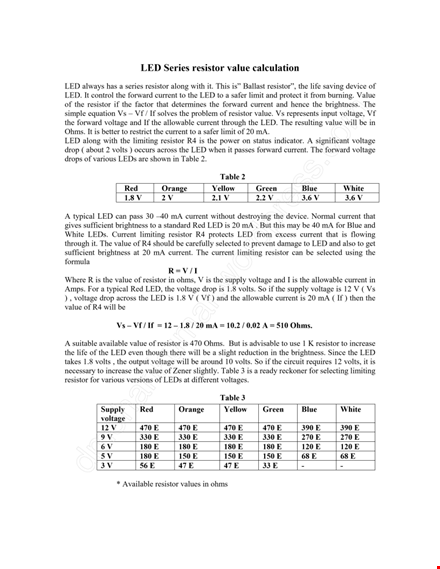 calculation resistor value chart for led template