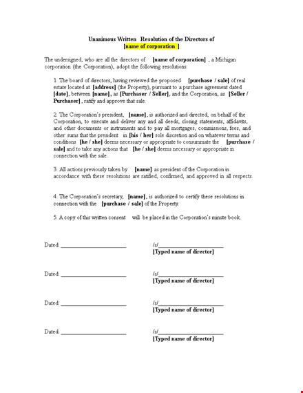 corporate resolution form - download printable template for your corporation template