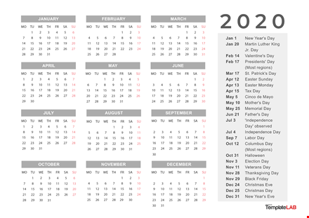 2022 holidays calendar - printable template, dates, and observances template