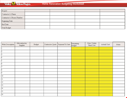 home renovation budget worksheet template