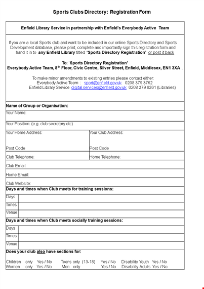 libraries form sports clubs registration form template