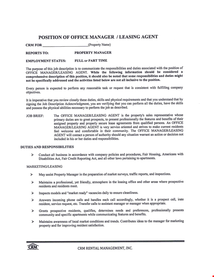 office manager leasing consultant | job description, responsibilities, skills template