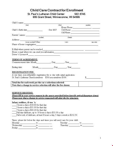 daycare contract for child care: set hours and times template