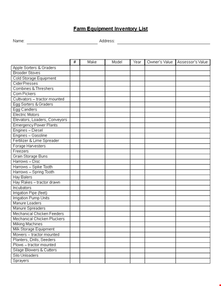 farm equipment inventory list template - keep track of equipment, specify storage, tractor-mounted template