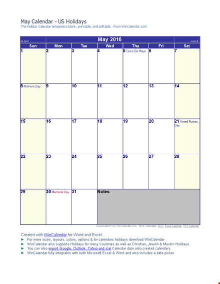 printable blank calendar with holidays template