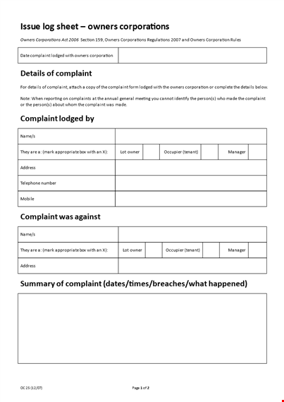log sheet for complaint details | corporation owners' log sheet | corporations template