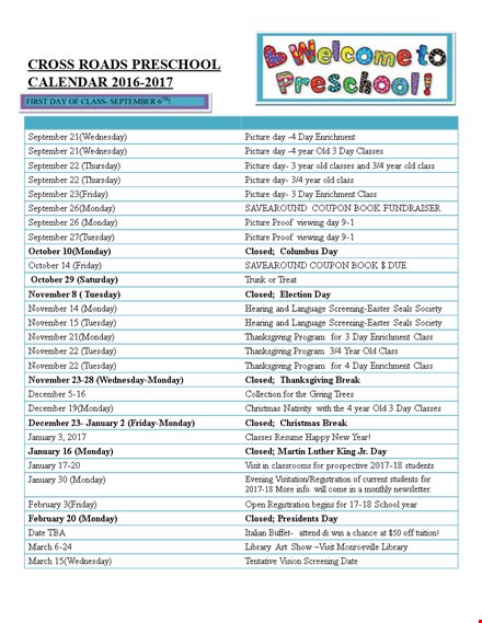 printable preschool calendar template