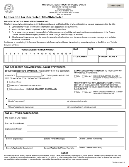 printed odometer disclosure statement for vehicle driver template