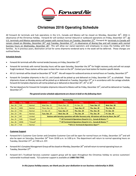 christmas operating schedule template