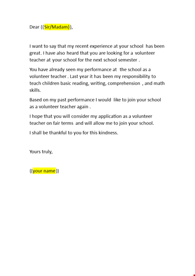 application letter for volunteer teacher template
