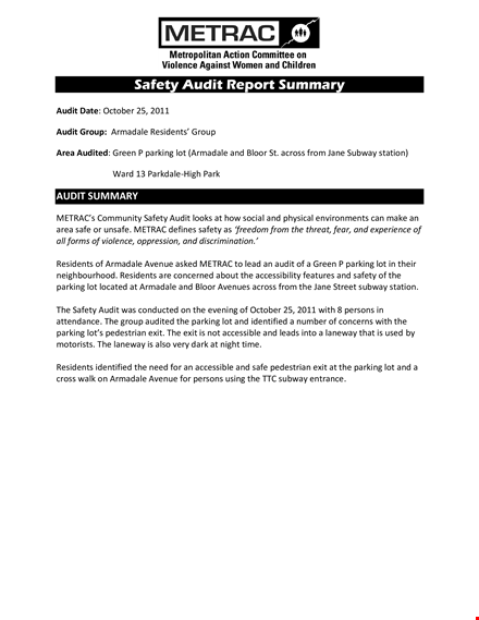 safety audit summary report template template