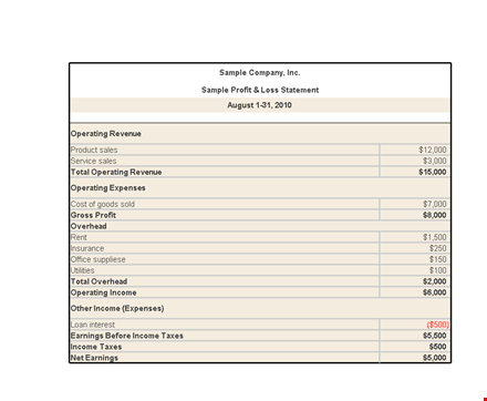 profit and loss sample template - track revenue and income template