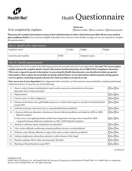 health questionnaire template template