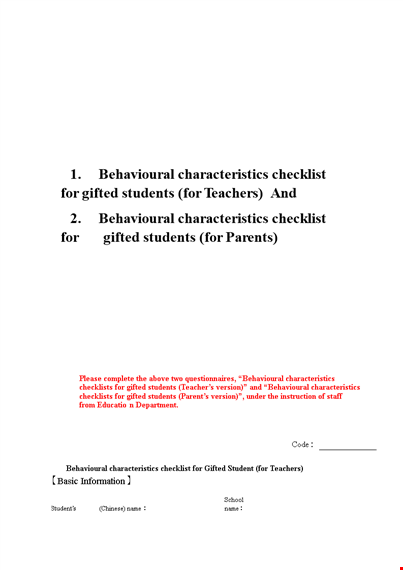 gifted child behavior checklist template