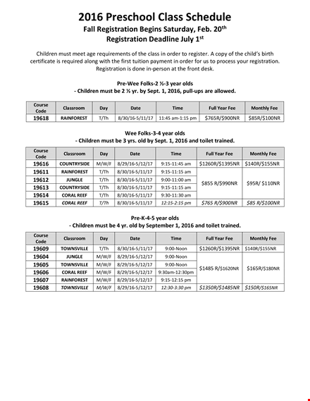 preschool class schedule template template