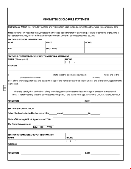 complete odometer disclosure statement: information & section for mileage template