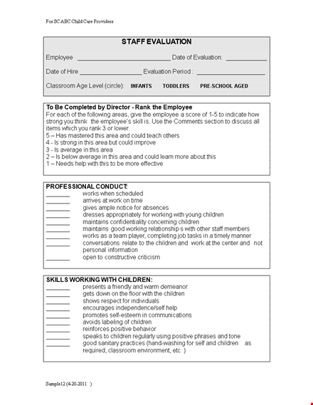 child care employee evaluation form template